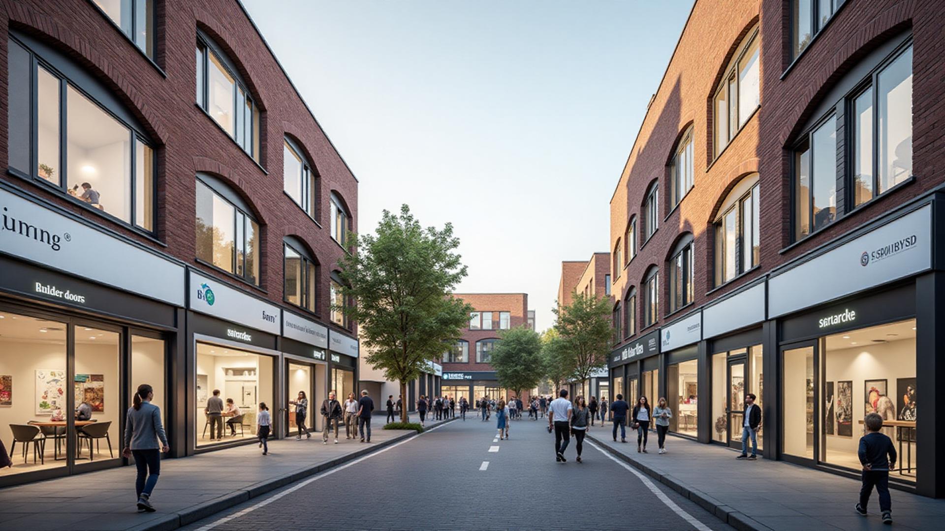 Modern British high street transformed into healthcare and wellness hub with people walking around