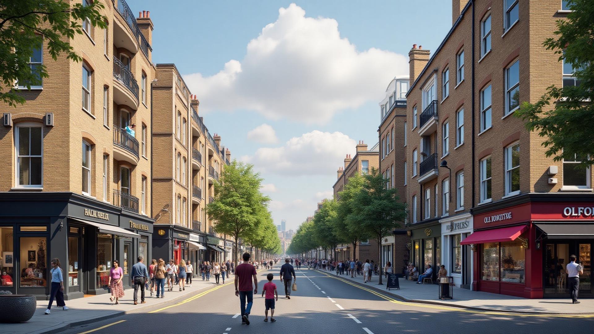 Vibrant London High Street with mixed commercial and residential buildings