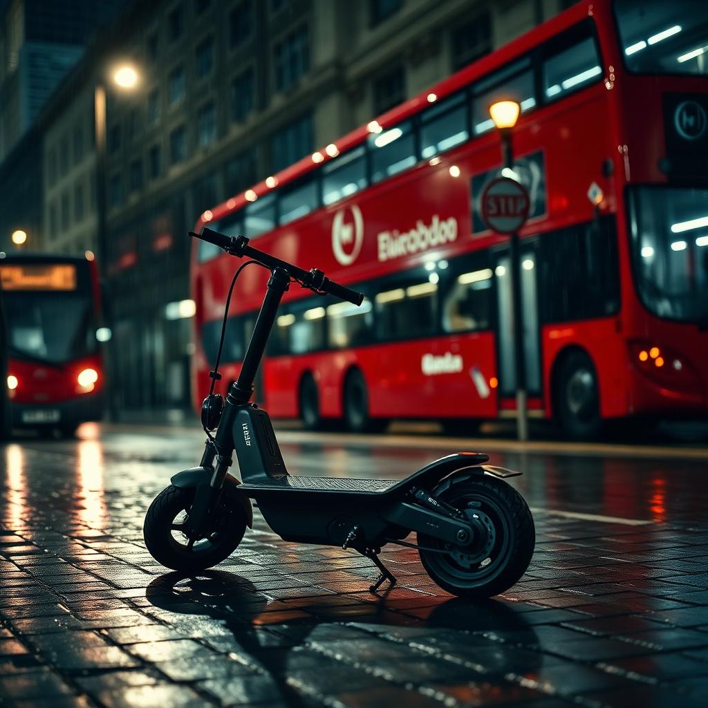 Abandoned Xiaomi-style electric scooter on a wet London pavement at night, red double-decker bus blurred behind